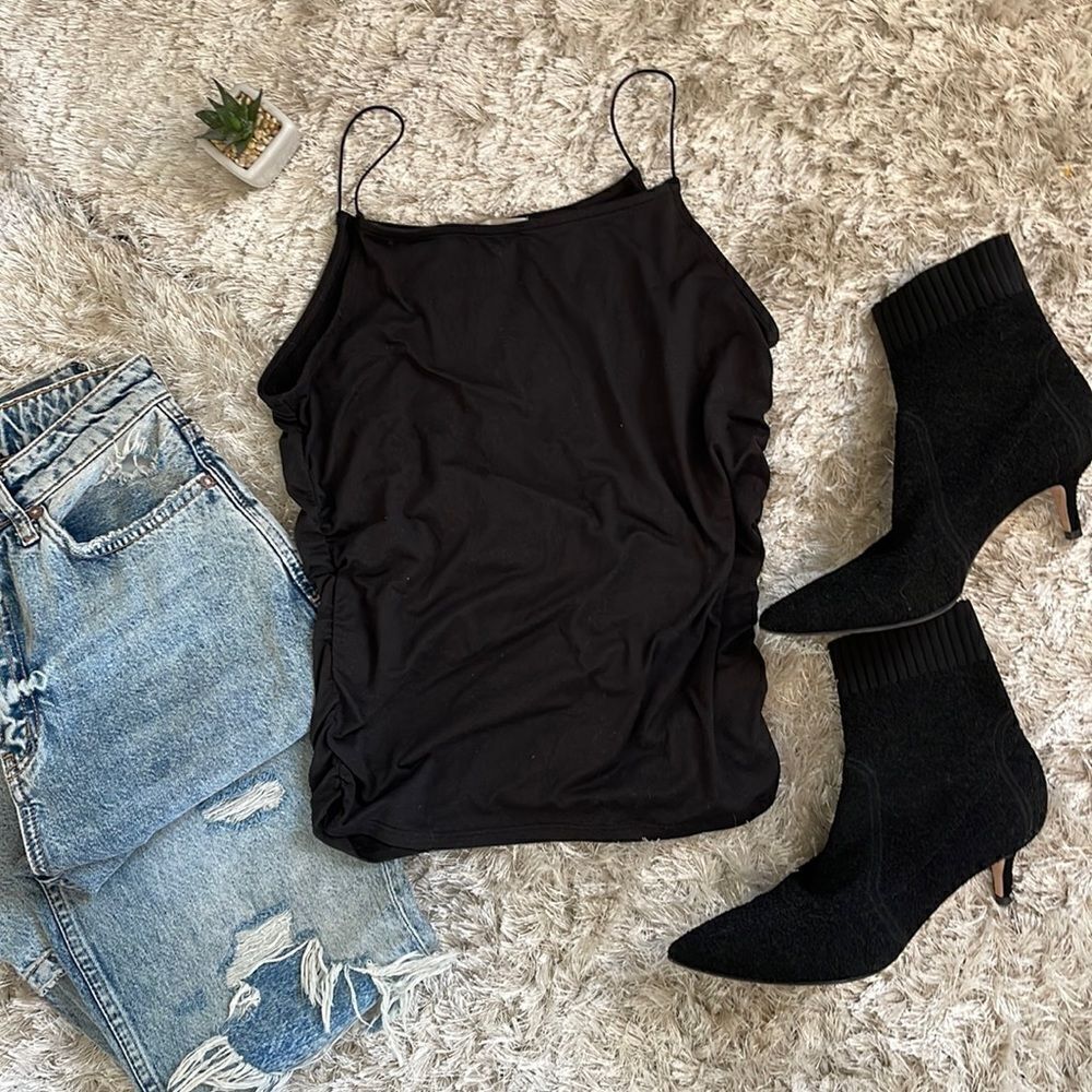 EUC Zara Active USA High Neck Black Spaghetti Tank Top Cinch Side M